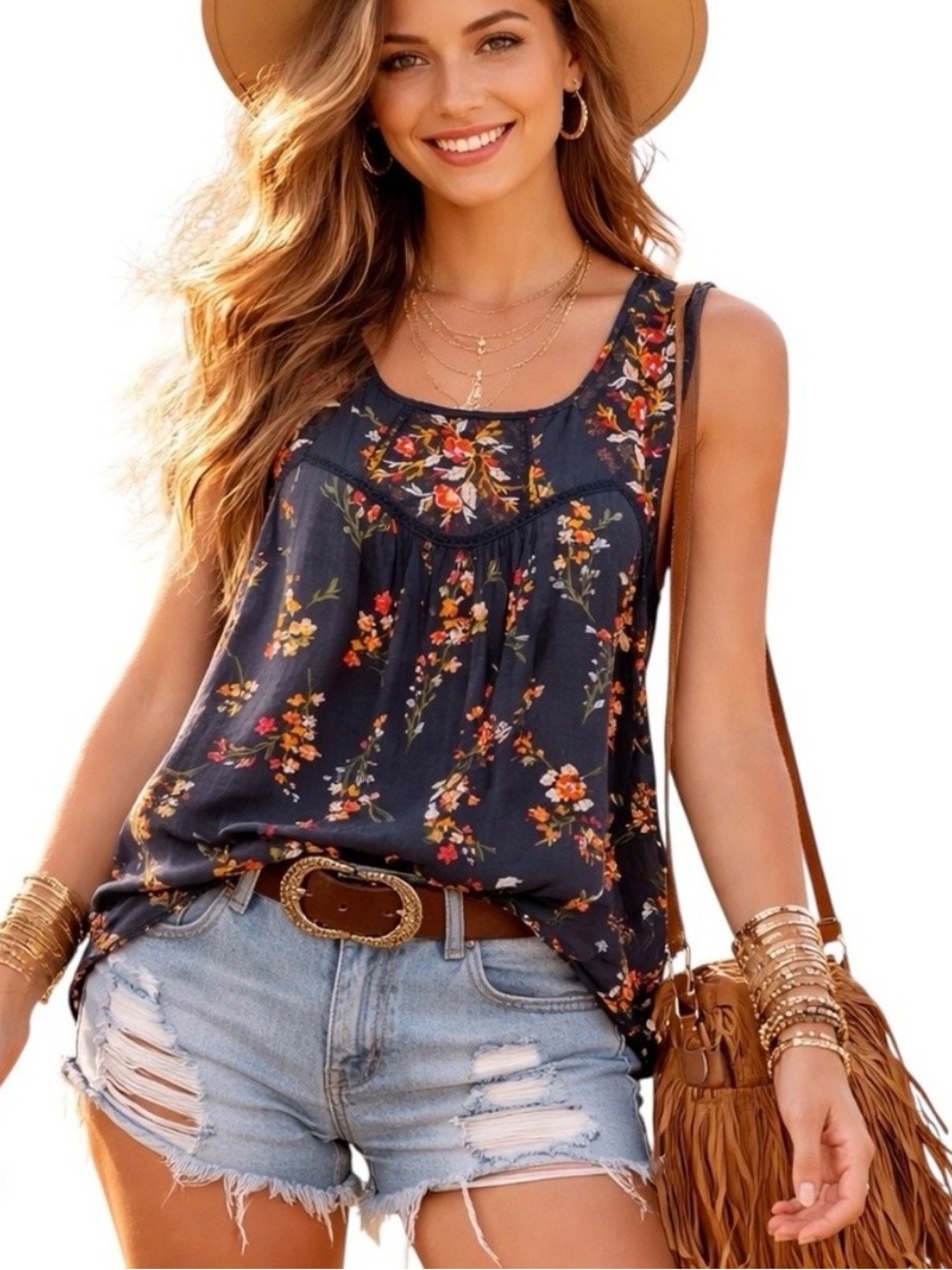 Navy Floral Embroidered Sleeveless Tank Top